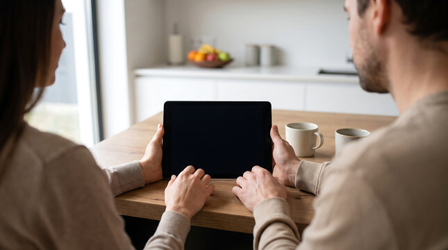 Young couple at home using digital tablet to review real estate listings and browse property options together at kitchen table, over the shoulder view with blank screen.