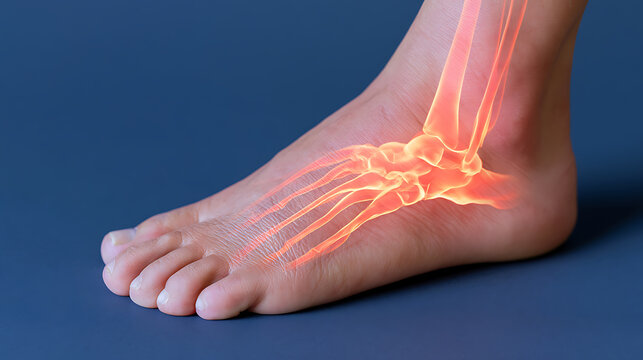 Medical 3D illustration showing human foot bone structure anatomy, skeletal system xray style composite image for health and clinical use
