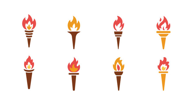 Colorful torch icons featuring vibrant fire flames for historical themed designs and olympic sports event branding project.