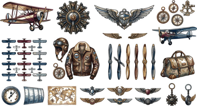 Vintage Aviation Vector Illustration Set Featuring Biplanes, Pilot Jacket, Propellers, Badges, Wings, and Retro Flight Equipment Icons for Steampunk and Military Designs