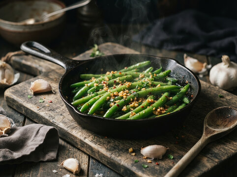 Saut&eacute;ed green beans with garlic and herbs in cast iron skillet