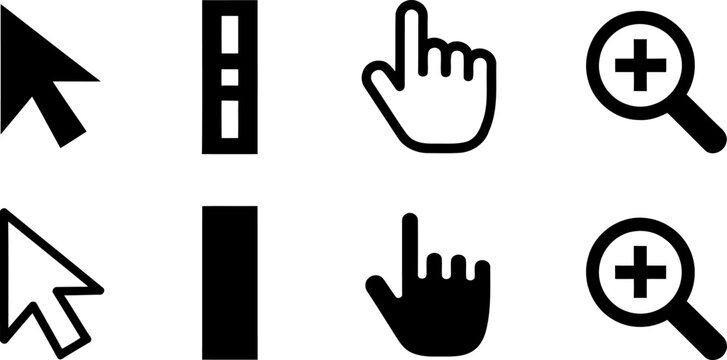 Set of eight computer interface icons featuring mouse cursors, vertical scroll bars, hand pointers, and zoom tools.