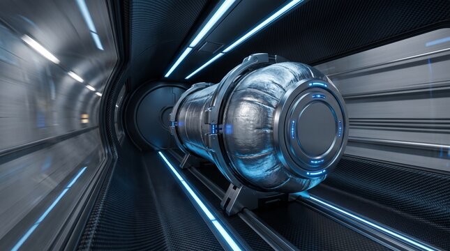 Futuristic Hyperloop Pod Capsule Moving Through Tech Tunnel