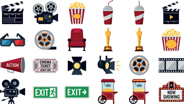 Cinema movie vector flat icon set with vintage film projector popcorn box retro clapperboard ticket 3D glasses theater seat and entertainment industry graphic elements