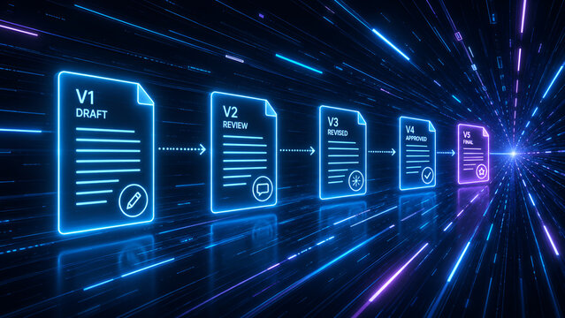 Digital document workflow from draft to final version with glowing neon effect