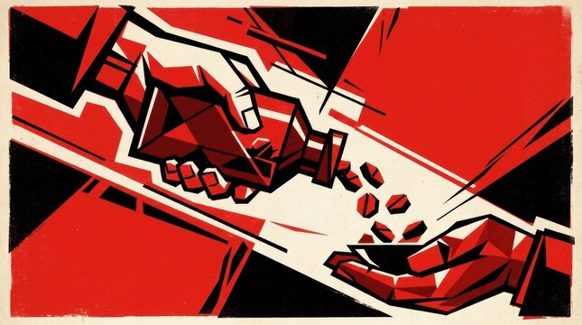 A hand pours red pills from a bottle into another hand in a stylized graphic medical science