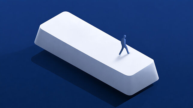 Minimalist isometric 3D render of a tiny blue figure walking alone across a large white keyboard space bar key against a dark blue background