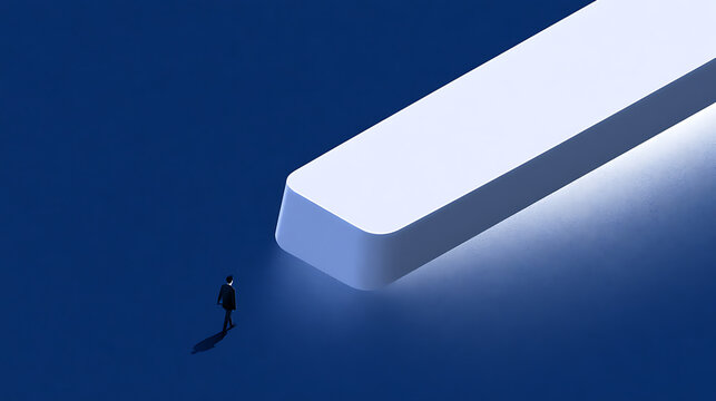 A small business person stand in front of a giant computer spacebar key on a dark blue background to symbolize software tech and web