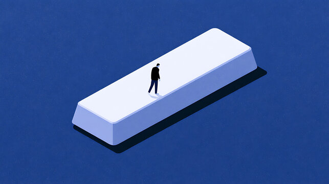 Minimalist digital art illustration of a tiny businessman character walking alone on a giant computer spacebar key on a dark blue background