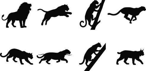 Obraz premium Set of black wild cat silhouettes featuring lions, tigers, leopards, and running panthers