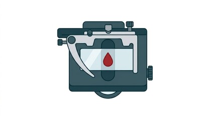 Fototapeta premium Close up of a laboratory microscope stage holding a slide with a drop of red liquid