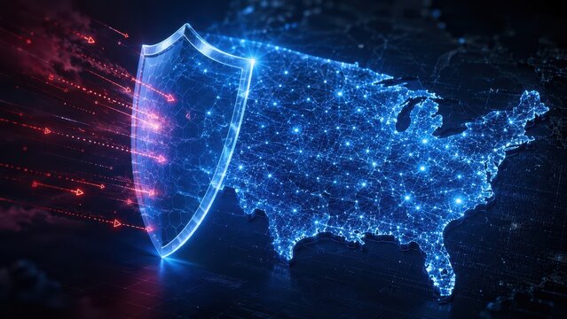 Digital map of the United States protected by a glowing shield from cyber attacks, representing national cybersecurity and data protection.