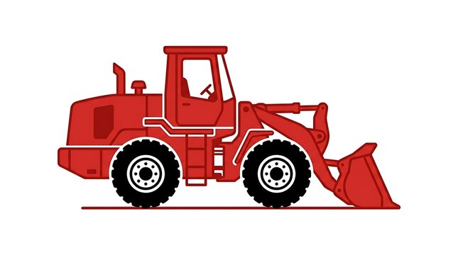Red wheel loader construction vehicle icon or flat vector illustration for heavy machinery