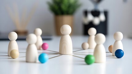 Obraz premium Wooden peg dolls linked to colorful spheres on a white desk representing team communication and business network structure for corporate management