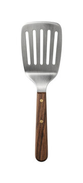 Metal spatula with vented blade and wooden handle for cooking and flipping food items now