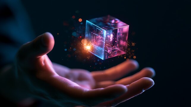 Futuristic glowing digital cube floating in human hand