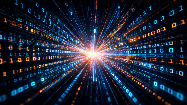 Digital data stream with binary code and glowing light