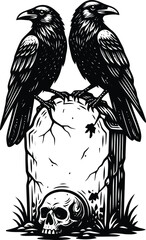 Naklejka premium Two ravens perched on a weathered tombstone with a human skull, gothic vector illustration.