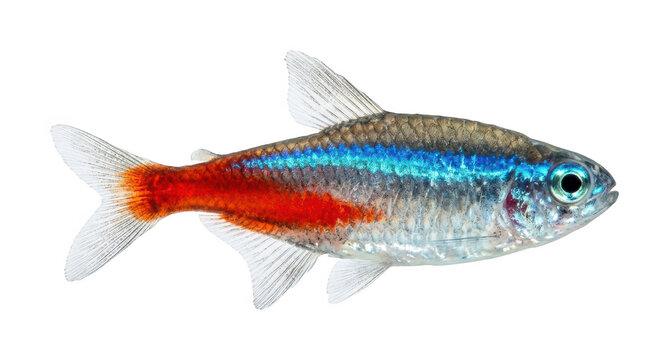 Neon tetra fish swimming with bright blue and red colors on transparent background png
