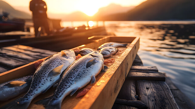 Freshly caught fish arranged on wooden dock during golden hour sunset by water with Fresh fish laid out wooden planks beside calm water sunset preparation reflection silhouette