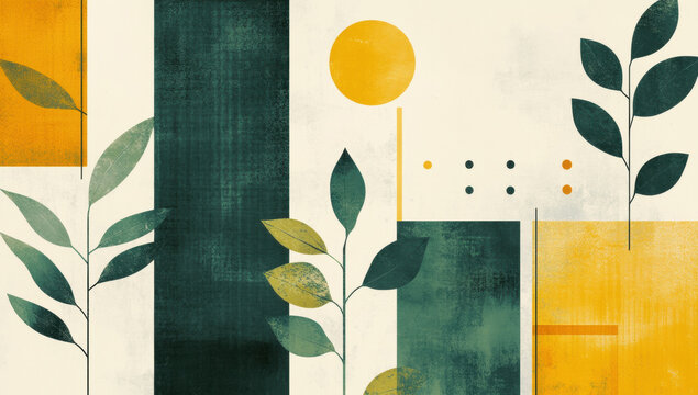 Modern abstract art composition featuring stylized plants in geometric pots, complemented by a yellow sun and green rectangles