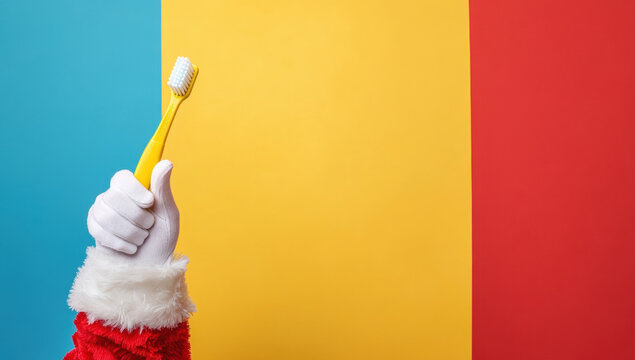 Santa claus is holding a yellow toothbrush promoting dental health on a colorful christmas background with copy space