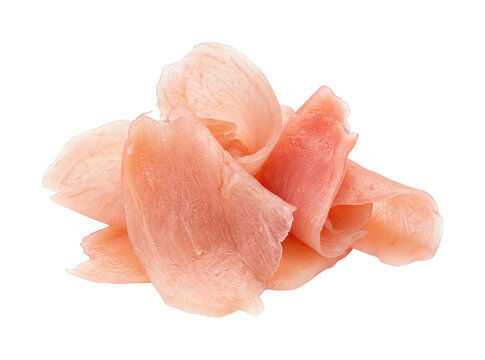 Pink slices of pickled ginger isolated on white background for Japanese food garnish