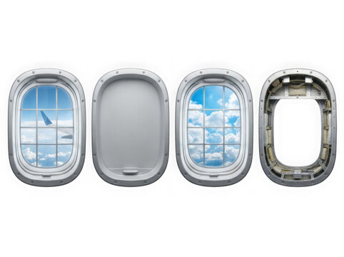 Set of airplane window icons with sky views and interior parts isolated on transparent background