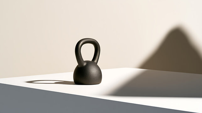 Minimalist black kettlebell weight on white surface with dramatic shadow cast against neutral wall for fitness and health promotion concept