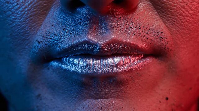 Close up of a persons mouth with colorful lighting and neutral expression