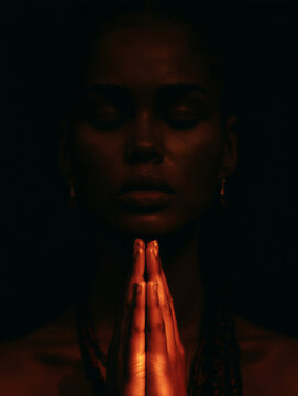 Close-up portrait of a woman in shadows with hands clasped in prayer
