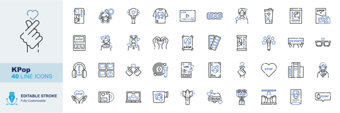 KPop icon set. Editable line icons finger heart, lightstick, idol, concert ticket, photocard vector illustration