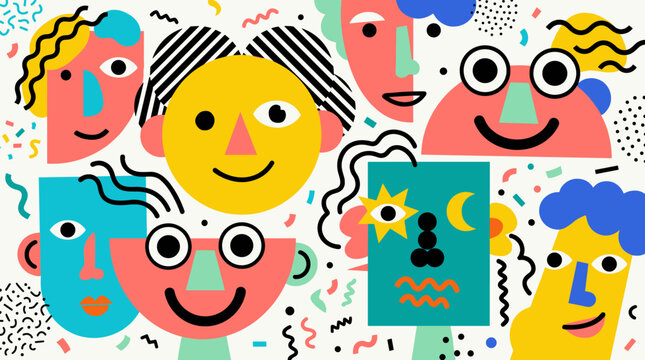 Playful abstract faces with confetti and wavy lines on a light background a colorful conceptual illustration