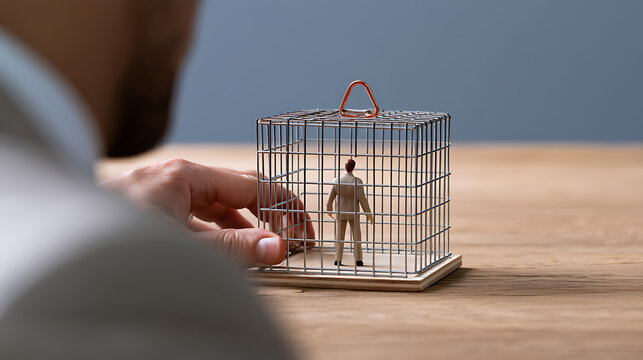 A businessman looks at a miniature figure trapped inside a metal cage on a wooden desk representing corporate pressure and workplace trap