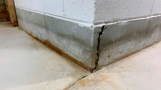 Serious foundation problem with a large vertical crack on a concrete block basement wall corner showing structural damage and water leak issue