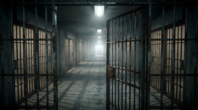 Dark prison corridor with metal cell bars and moody cinematic lighting in a detention center