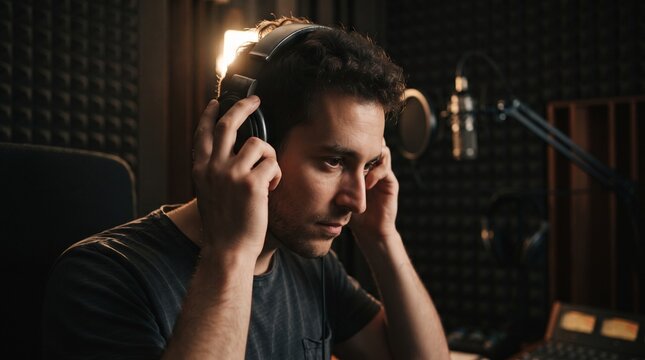 Young man wearing headphones in recording studio booth adjusting gear and looking focused.
