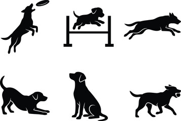 Fototapeta premium Set of black dog silhouettes showing various activities including jumping, playing with a frisbee, running, and sitting in a minimalist style