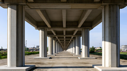 Naklejka premium Low angle view of massive concrete bridge pillars supporting a highway structure in a vast urban landscape with clear blue sky above