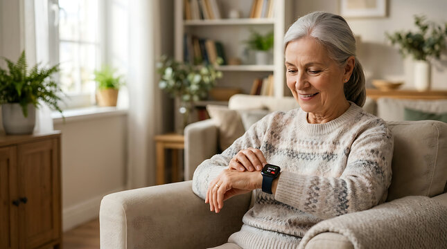 Senior woman checking heart rate on smartwatch in a bright, cozy living room
