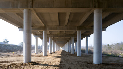 Naklejka premium A wide view from below showing massive concrete pillars supporting a large modern highway bridge structure over a dry landscape