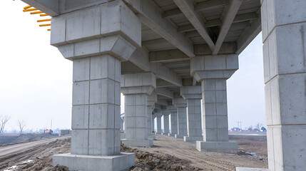 Naklejka premium Concrete bridge underpass structure with massive pillars support heavy overpass highway architecture in modern civil engineering project