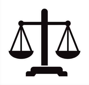 Black law scales icon with vertical support stand and balanced pans representing justice system integrity and legal equality.