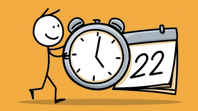 Stick figure pushing a large clock and calendar showing 22
