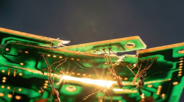 Close up view of a damaged green circuit board with exposed wires and broken edges