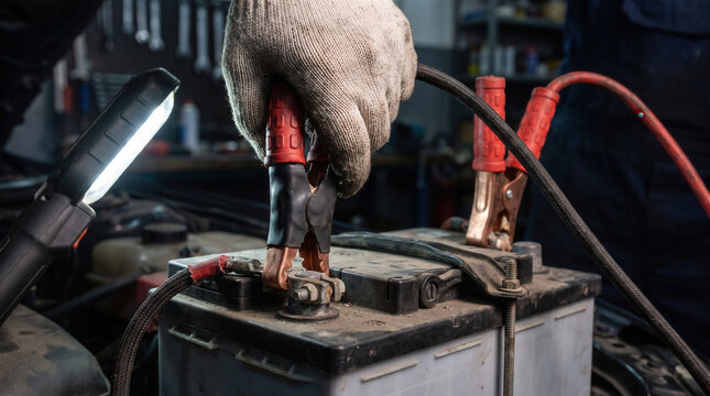 Mechanic using jumper cables to jump start a car battery in a professional auto repair shop
