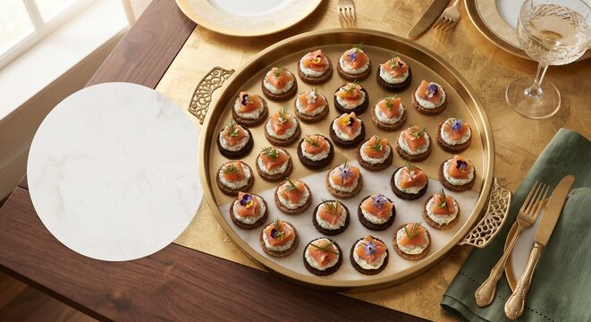Gourmet smoked salmon canap&eacute;s on a golden tray with herbs and edible flowers