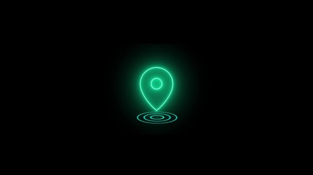 Cyan neon glowing map location pin pointer symbol representing navigation and gps destination on black background