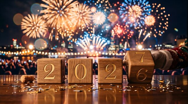 Four wooden blocks displaying the year 2024 sitting on a wet surface with a beautiful and colorful fireworks display lighting up the night sky