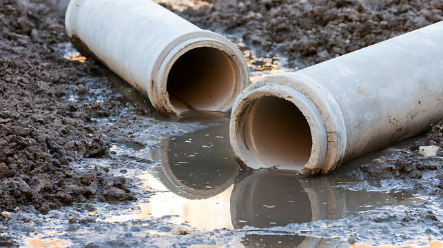 Concrete drainage pipes placed on muddy ground at a construction site with water pooling around the industrial materials for civil work